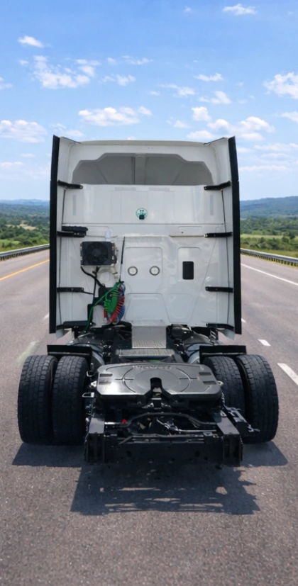 Electric air conditioning system installed on a semi truck cab on the highway