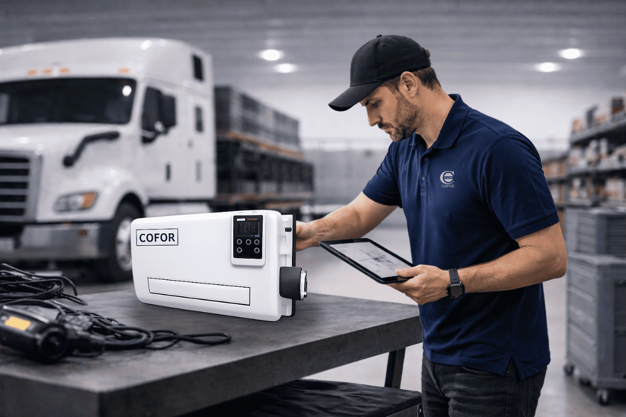 Professional technician inspecting a COFOR mobile climate control unit in an industrial workshop environment