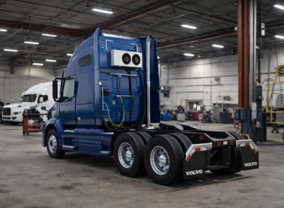 Semi truck with electric air conditioning system installed inside a professional workshop